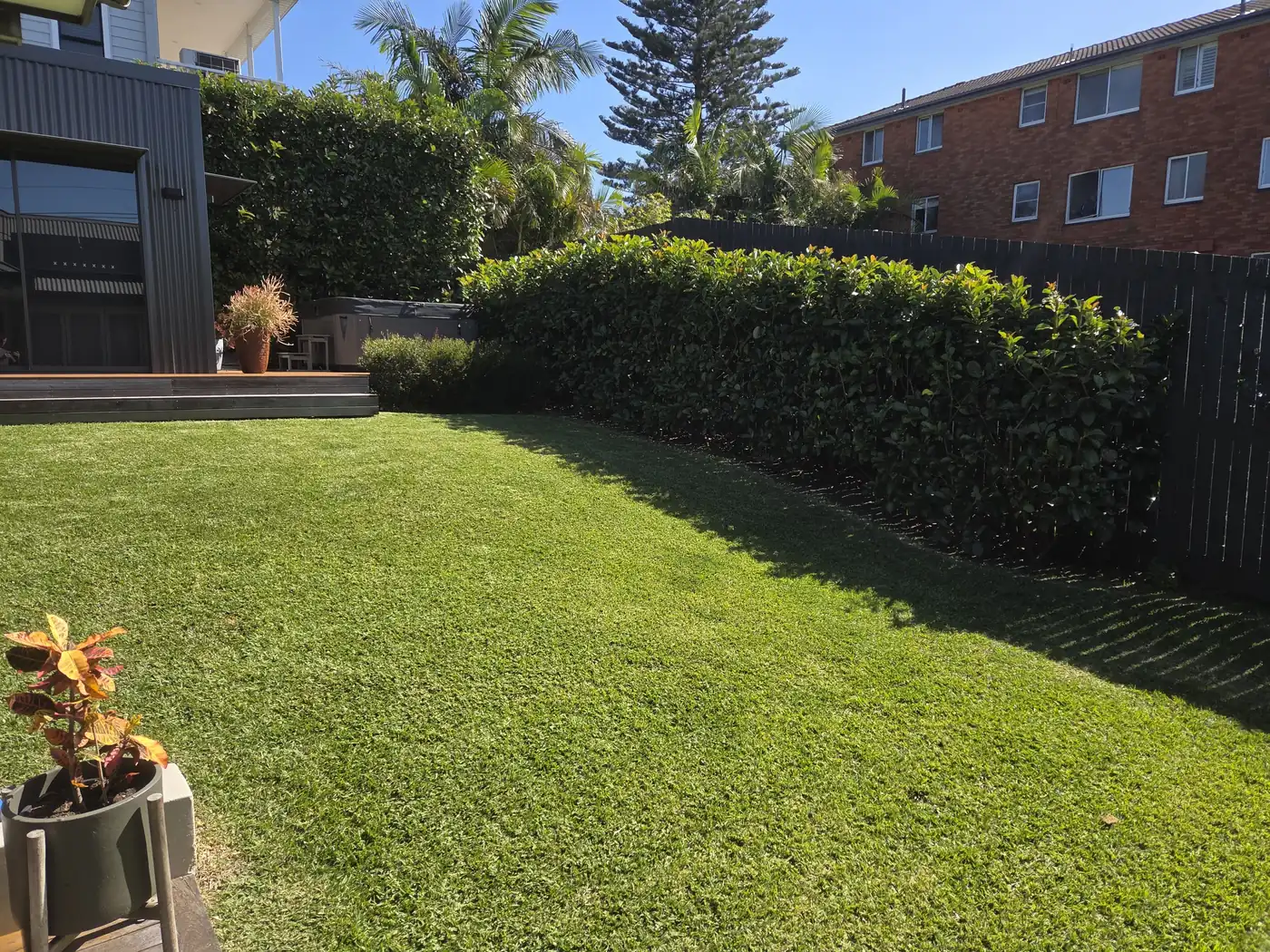Lush green lawn bordered by a tidy, freshly trimmed hedge